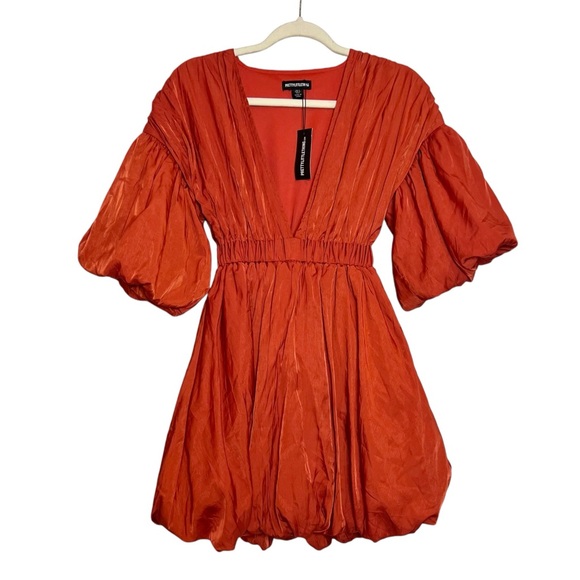 NWT PRETTYLITTLETHING Rust Puff Sleeve Puffball Hem Shift Dress. Size 0 - Picture 5 of 11